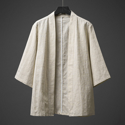 Herren Baumwolle Leinen Kimono Offen Vorne Strickjacke Locker Yukata Freizeittop