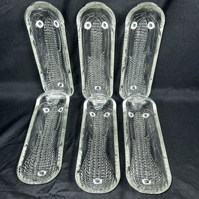6 Vintage Jeanette Glass Corn On The Cob Holders Embossed Footed Granny Core