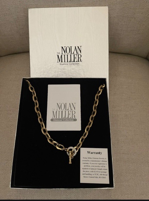 Nolan Miller Gold Tone Chunky Link Necklace w/ Pavé Crystal Toggle 19” With Box