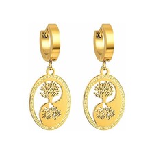 Tree Of Life Gold Huggie Dangle Earrings For Women,14K Treelife Oval Drop Statem