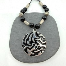 Black Silver Tone Abstract Swirl Disc Pendant Beaded Necklace Boho Statement