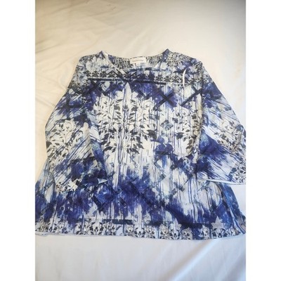 Breckenridge Womens XL Blue White Abstract Floral Rhinestone 3/4 Sleeve Top