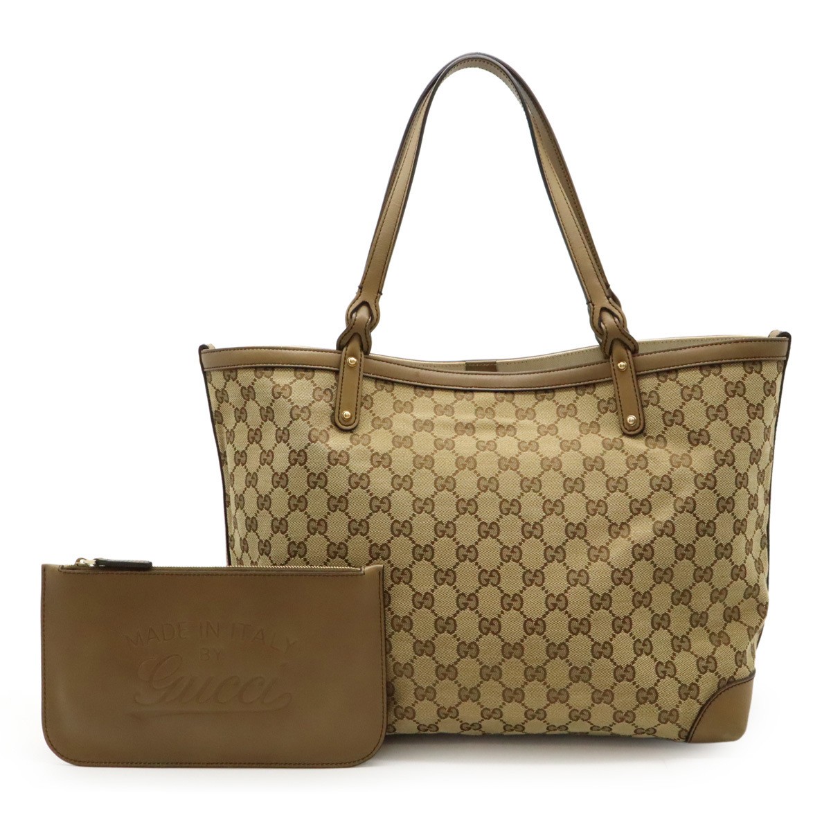 GUCCI GG Canvas Leather Tote Shoulder Bag Khaki Beige