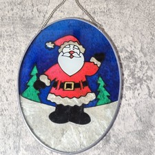 Vtg Santa Claus Stained Glass Hanging Oval Sun Catcher Christmas Decoration 7"