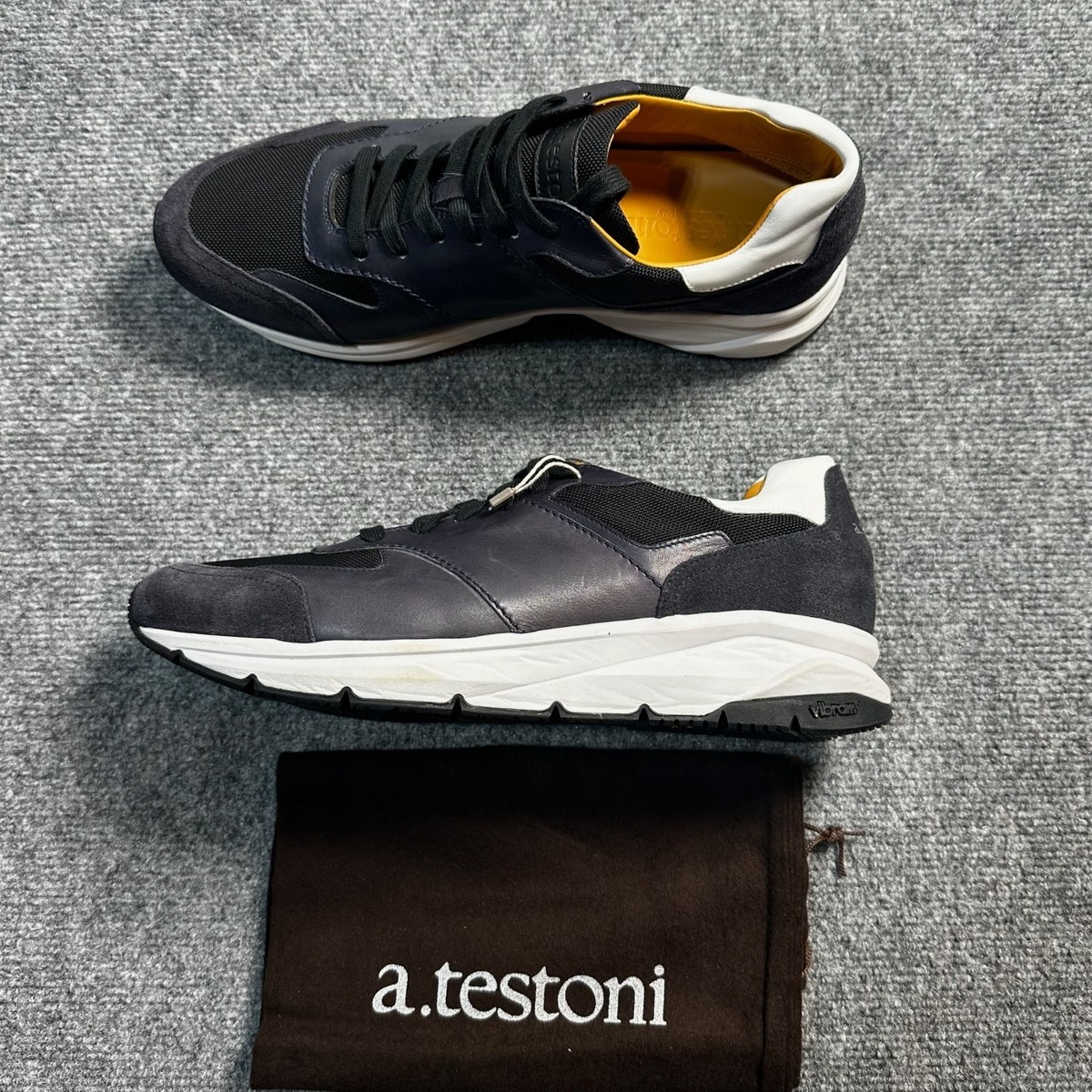 NEW A Testoni Shoes Mens 10 Navy Leather Suede Lace Up Sneaker Vibram Made  Italy