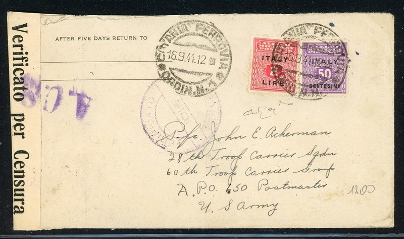 AMG-SICILY Postal History LOT #9 SEP 1944 2.50L ACS CATANIA RR - US APO 650 $$$