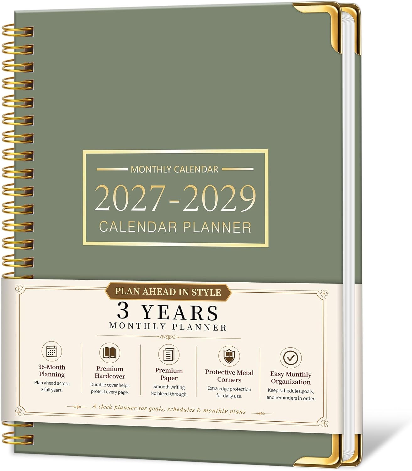 2027-2029 Monthly Planner, 3-Year 8.5 x 11 inches, Green （Jan.2027-Dec.2029 )