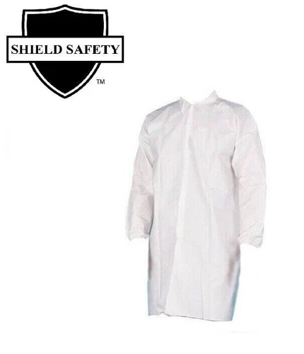 50 Pieces Polypropylene 30G Lab Coats, White, Elastic Wrists, 4 Snaps - Large