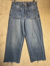 Habitual Girl Wide Leg Jeans Kids Size 12 Blue Denim Raw Hem High Rise Cropped