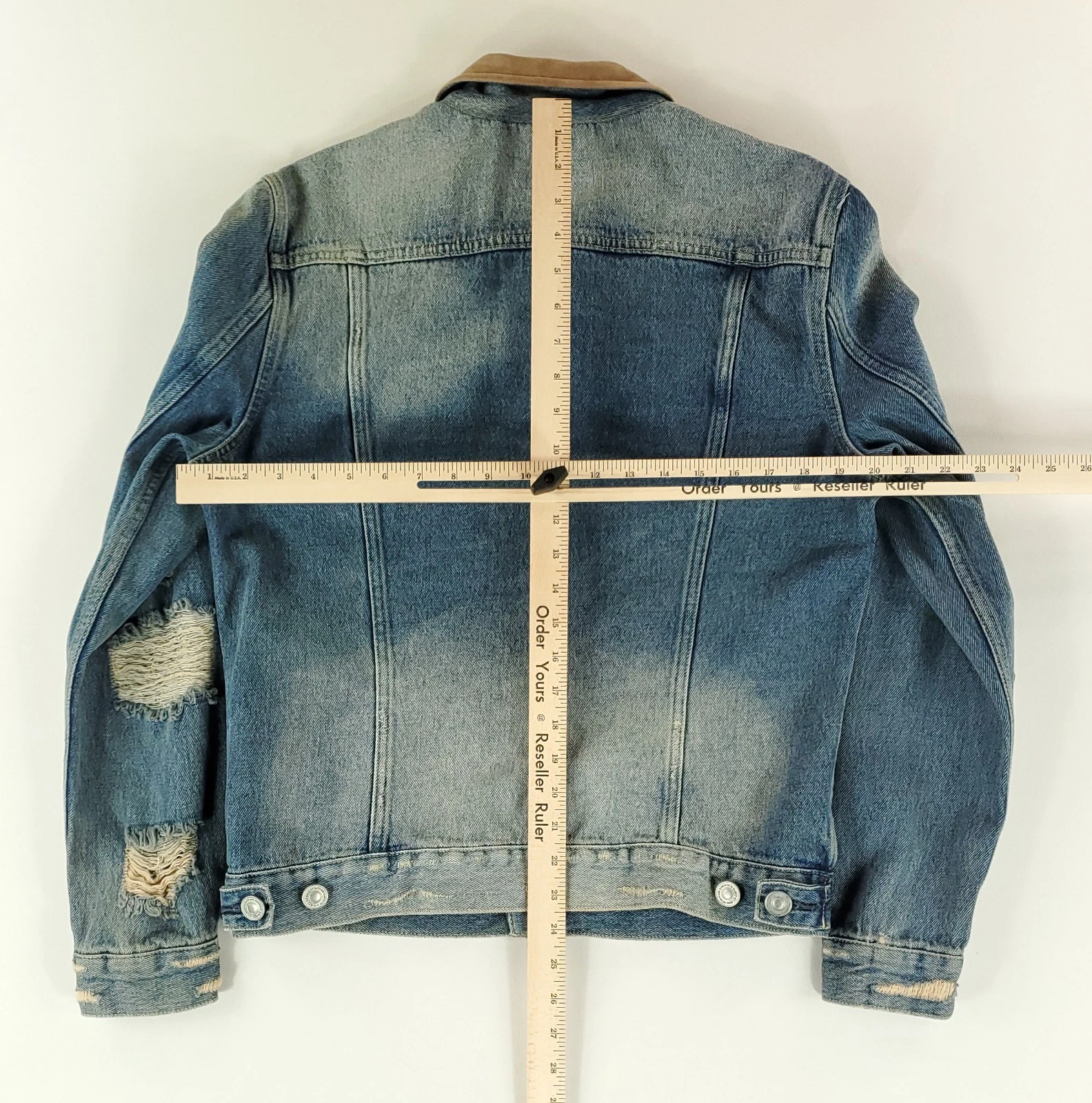 All Saints Jacket Denim Trucker Distressed Blue Suede Collar Mens M image 6
