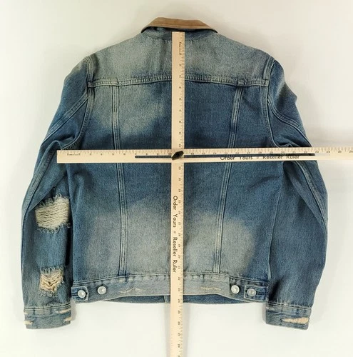 All Saints Jacket Denim Trucker Distressed Blue Suede Collar Mens M image 6