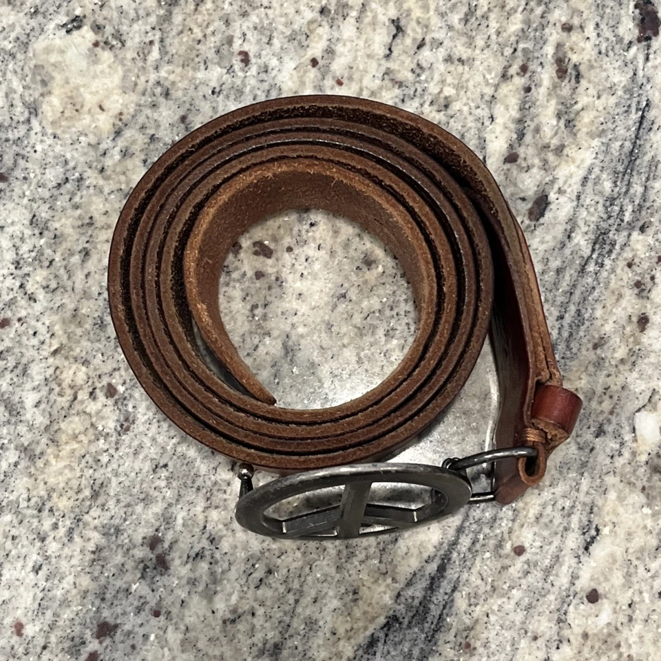 Vintage American Eagle Outfitters Women XL Belt Brown Leather Peace Sign Buckle - Image 4 of 4