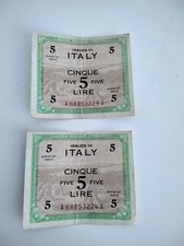 Italy  5 Lira  Series  of 1943  Block A  WW II Issue  Circulated Banknote x 2