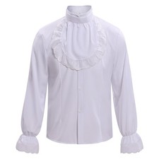 Men Renaissance Victorian Lace Ruffle Shirt Stand Collar Medieval Gothic Shirt