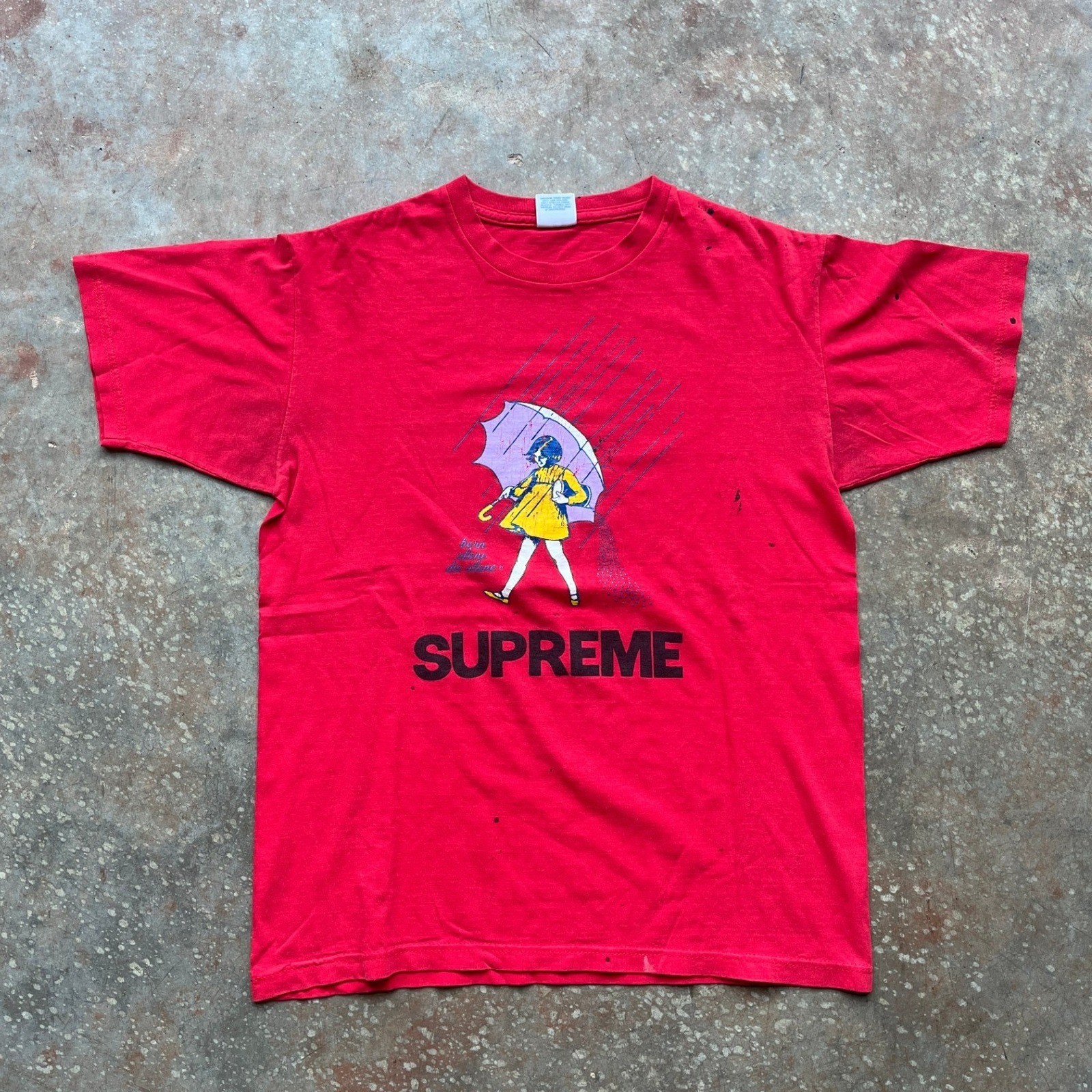 VTG 2009 Supreme Morton Salt Born Alone Die Alone Tee Red Mens M Paint Splat