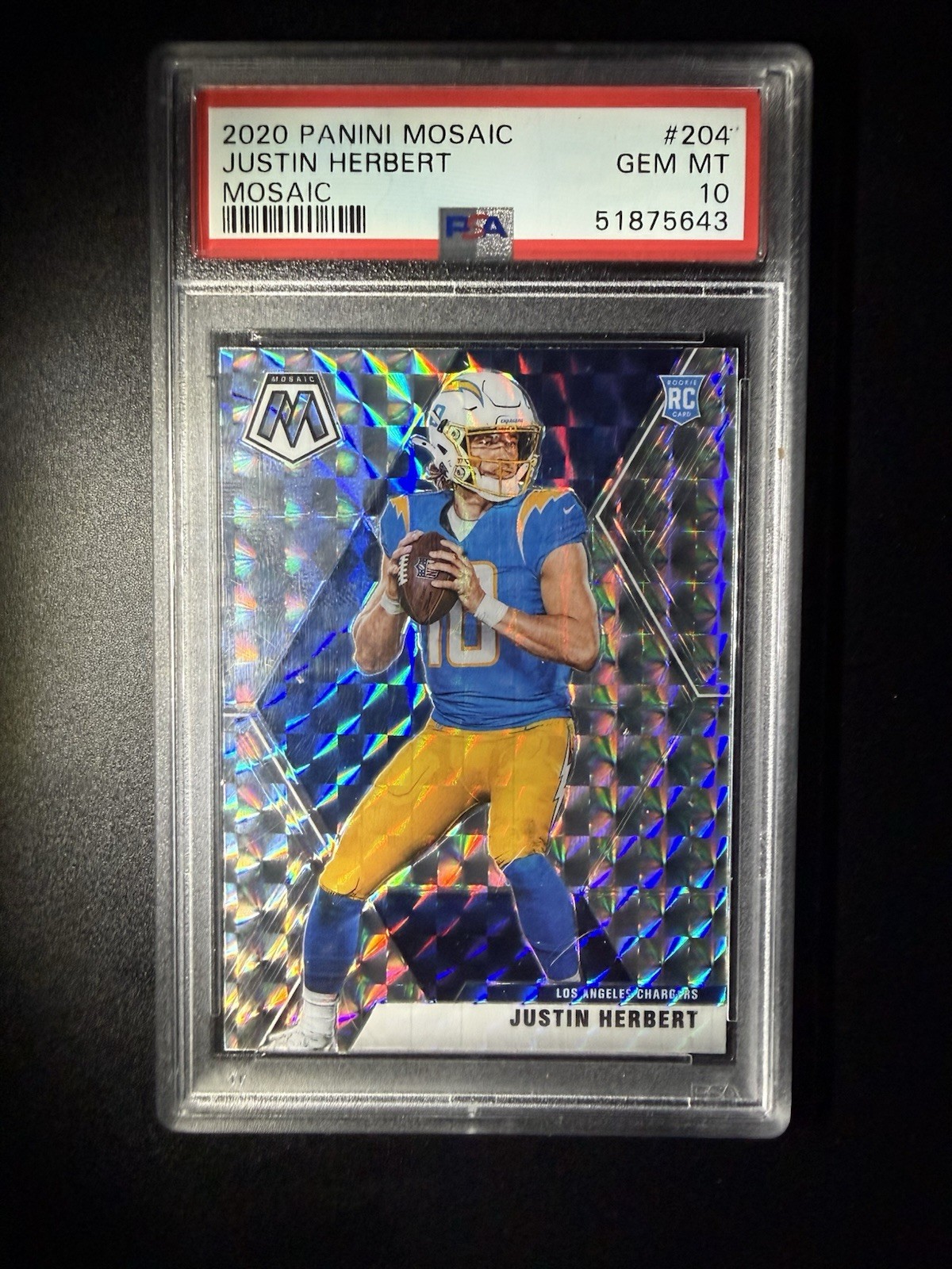 JUSTIN HERBERT 2020 PANINI MOSAIC ROOKIE SILVER PRIZM CHARGERS #204 PSA 10