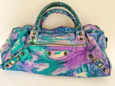 Balenciaga tie dyed graffiti giant city bag green denim blue