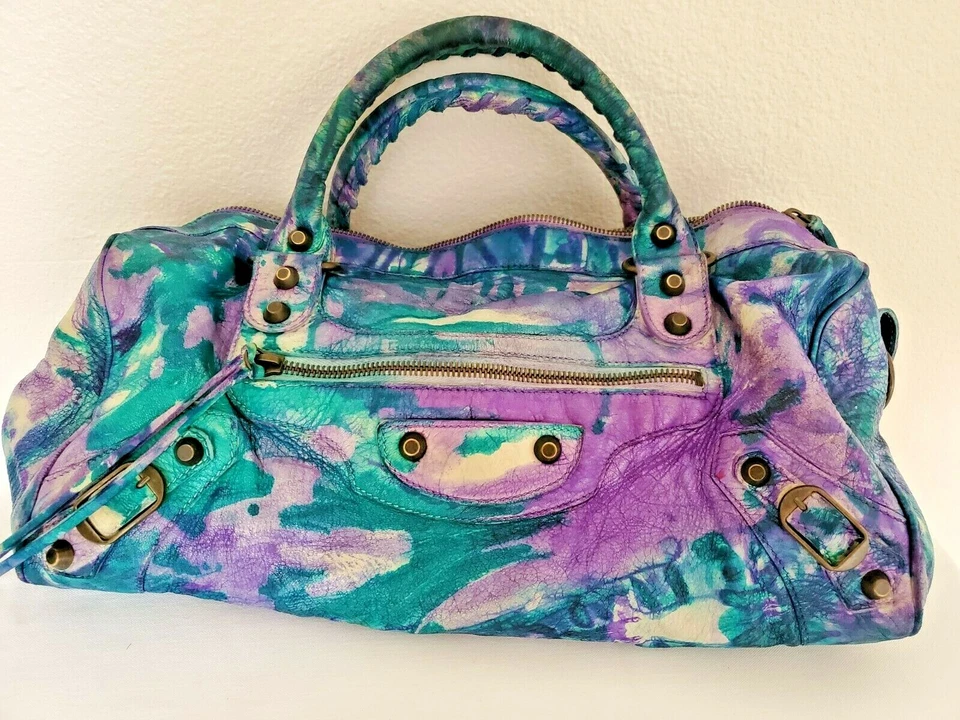 Balenciaga Corbata Teñida Graffiti Gigante Bolso Ciudad Verde Denim Azul Morado Twiggy Blanco Foto 2 de 4