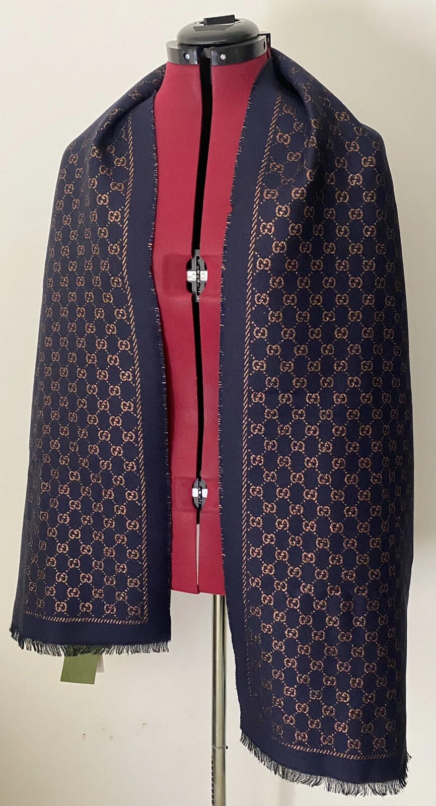 Écharpe GUCCI laine GG marine/orange métallique jamais portée édition limitée RARE