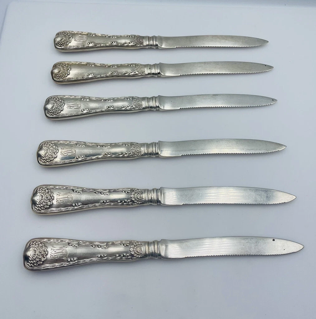 Tiffany & Co Antique All Solid Sterling Silver Set 6 Wave Edge Serrated Knives