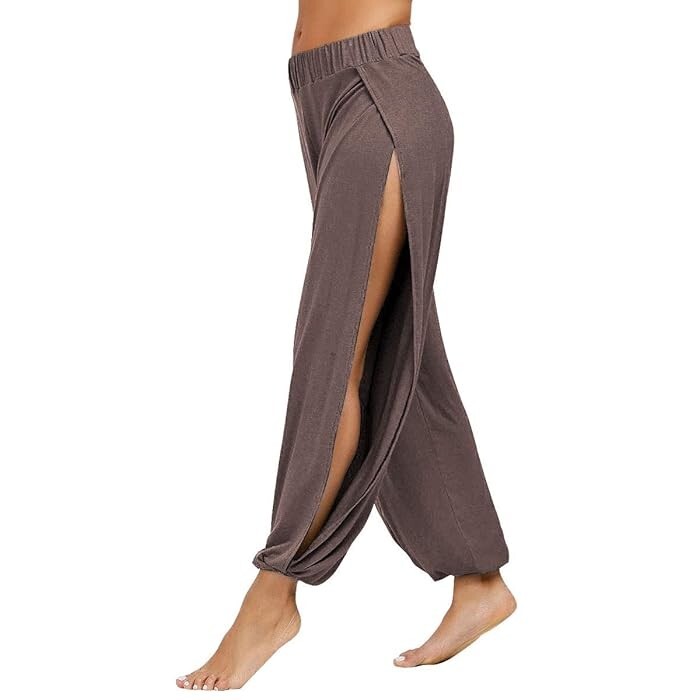 PACBREEZE Women's Yoga Harem Pants Brown Side Slit Joggers
