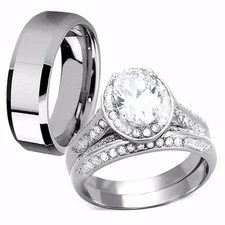 His & Hers Oval Shaped CZ Stainless Steel Couple Anniversary Wedding Ring Sets