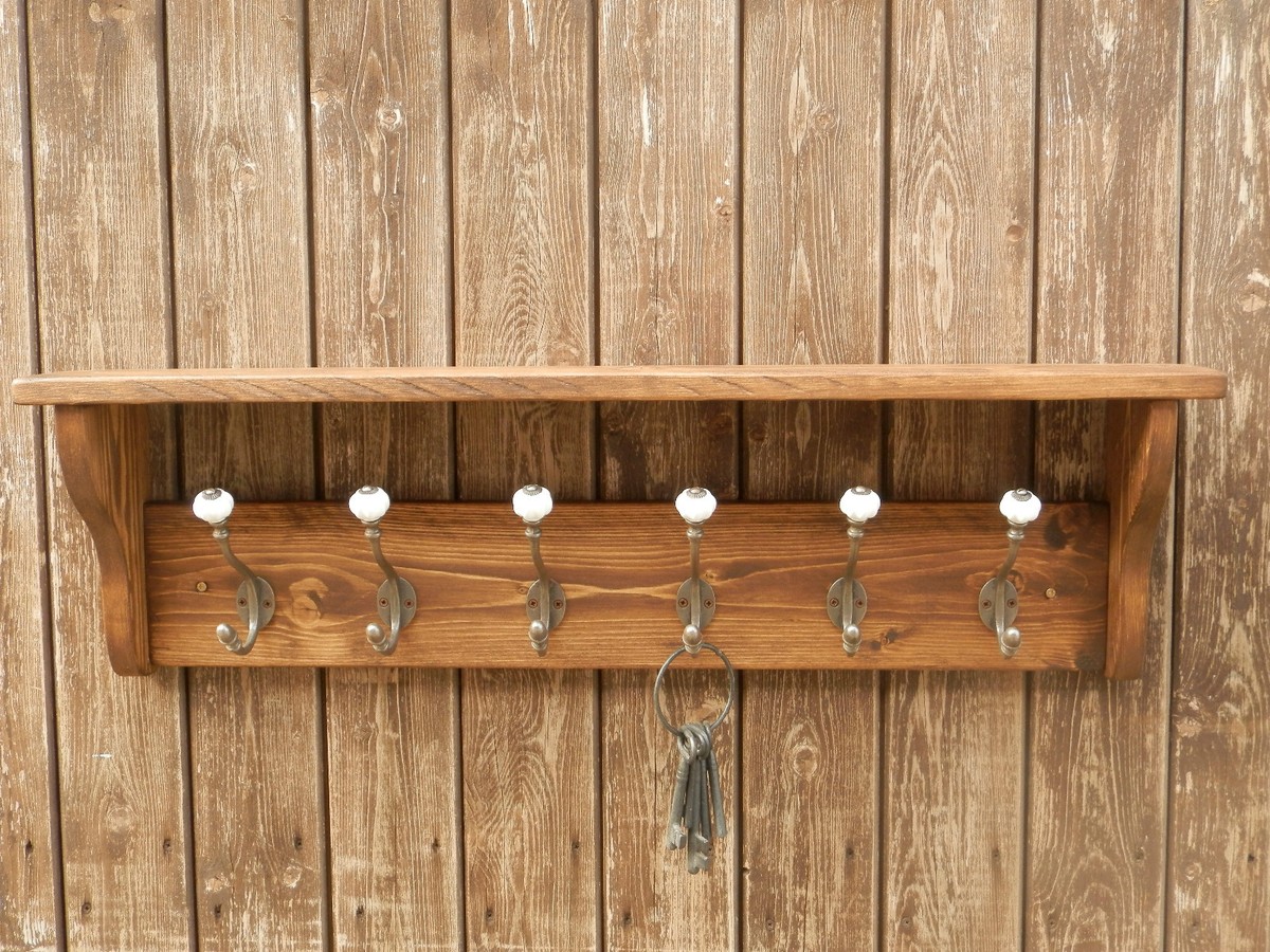 Solid wood Hat Coat Rack with shelf and ceramic hooks, Tudor oak