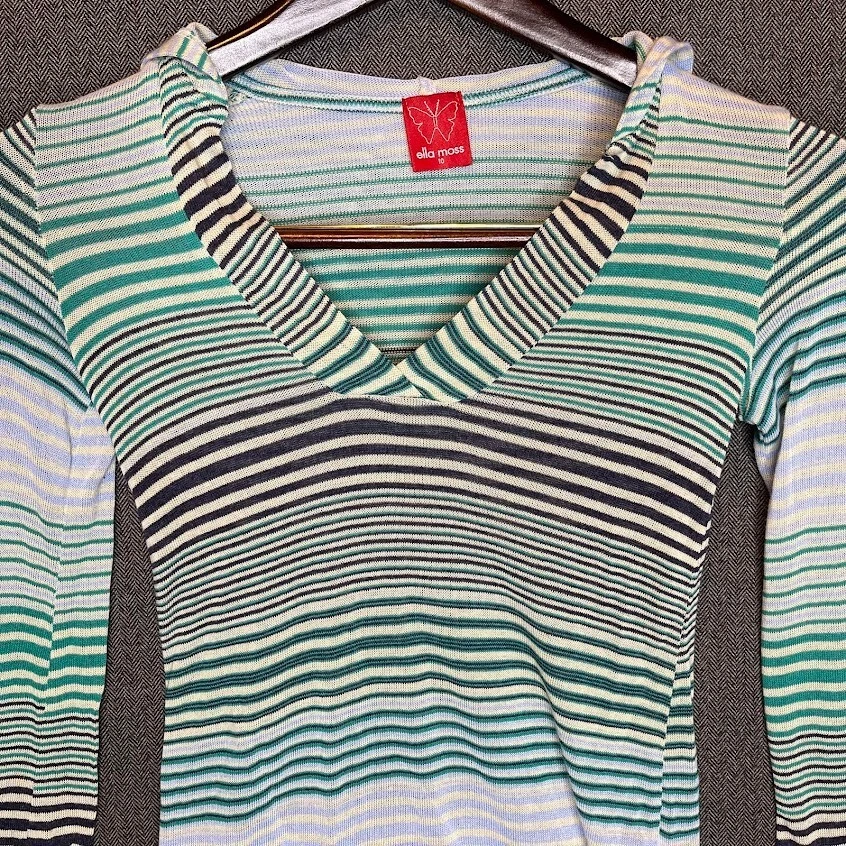 Sudadera con Capucha Ella Moss Para Mujer 10 Azul Verde Rayas Transpirable Retro Surf De Colección  Foto 2 de 4