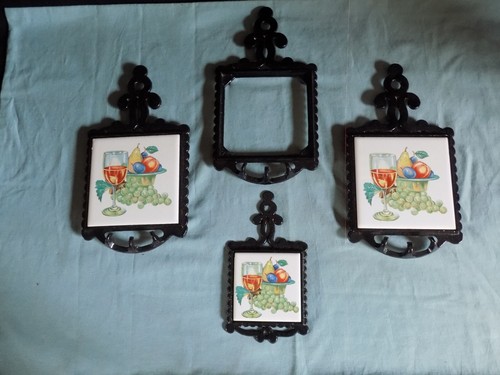 Set of 4 VTG Wine/Fruit Design Cast Iron Trivets w/Tile Japan HS - Picture 2 of 4