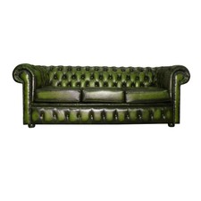 Divano Chesterfield 100% Vera Pelle a Tre Posti Verde Antico