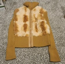 Vtg 90s Y2k Jennifer J. Fur Front Sweater Tan Brown Long Sleeve Jacket M