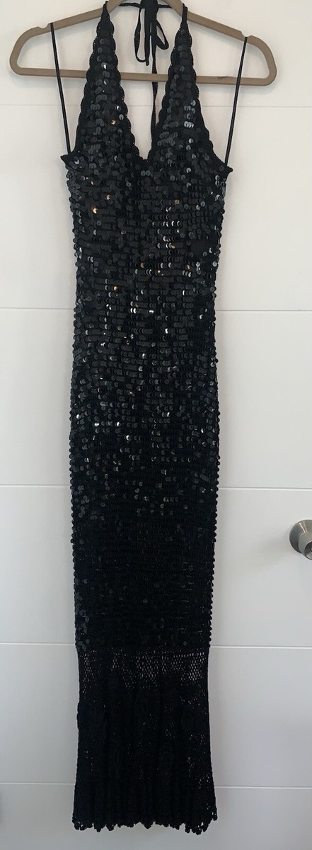 Sue Wong Knit Sequin Rosette Halter Maxi Dress Black Vintage