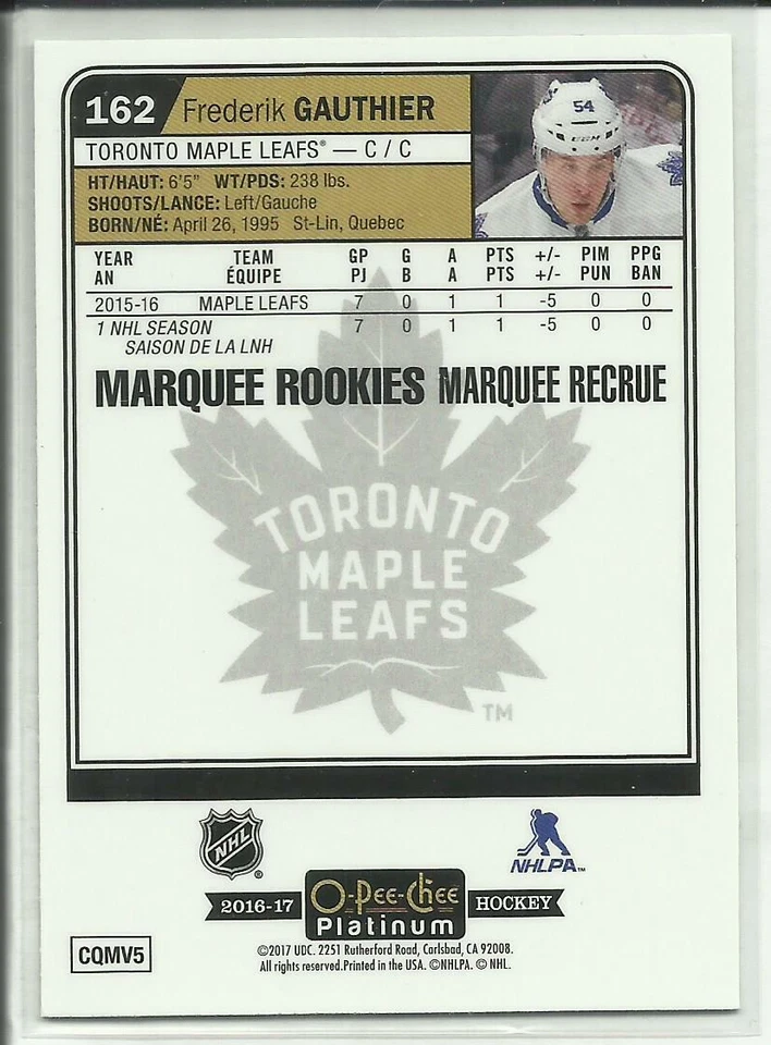 2016-17 O-Pee-Chee Platinum Marquee Rookies #162 Frederik Gauthier - Image 2 of 2