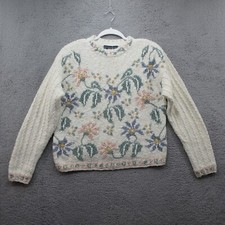Lizwear Vintage Cottagecore Floral Sweater Pullover Womens M Cream Grandma 90's