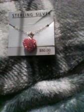 925 Sterling Silver Necklace Chain And Heart Pendant With Pink Crystals,...