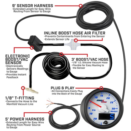 52mm White & Blue MaxTow Double Vision 30 PSI Boost/Vacuum Gauge - Picture 2 of 6