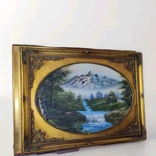Large Unsigned Landscape Painting with Mountain and Waterfall - Ornate GoldFrame