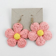 Unbranded Pink Yellow Raffia Flower Statement Dangle Earrings Lightweight