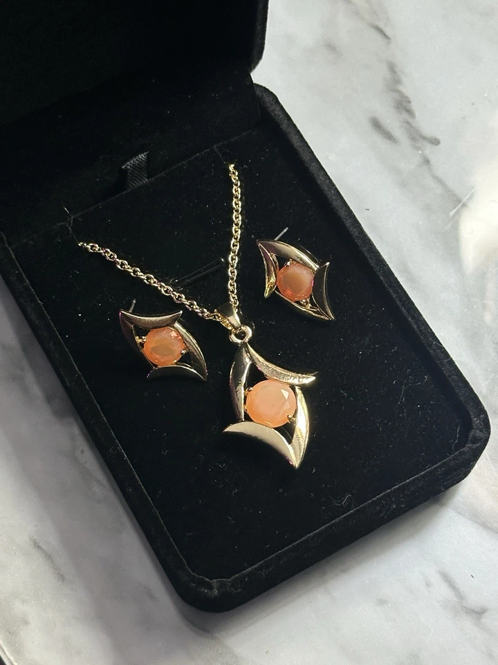 Винтажный огонь опал натуральный драгоценный камень ожерелье и серьги комплект 14K золото 18» новый - Изображение 3 из 4