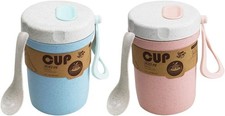 2 Wheat Straw Cups 300ml with Spoon, Microwaveable, Blue Pink, for Travel Office