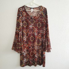 Paisley Floral Boho Dress MSK Sheer Bell Sleeve XL Multi Color