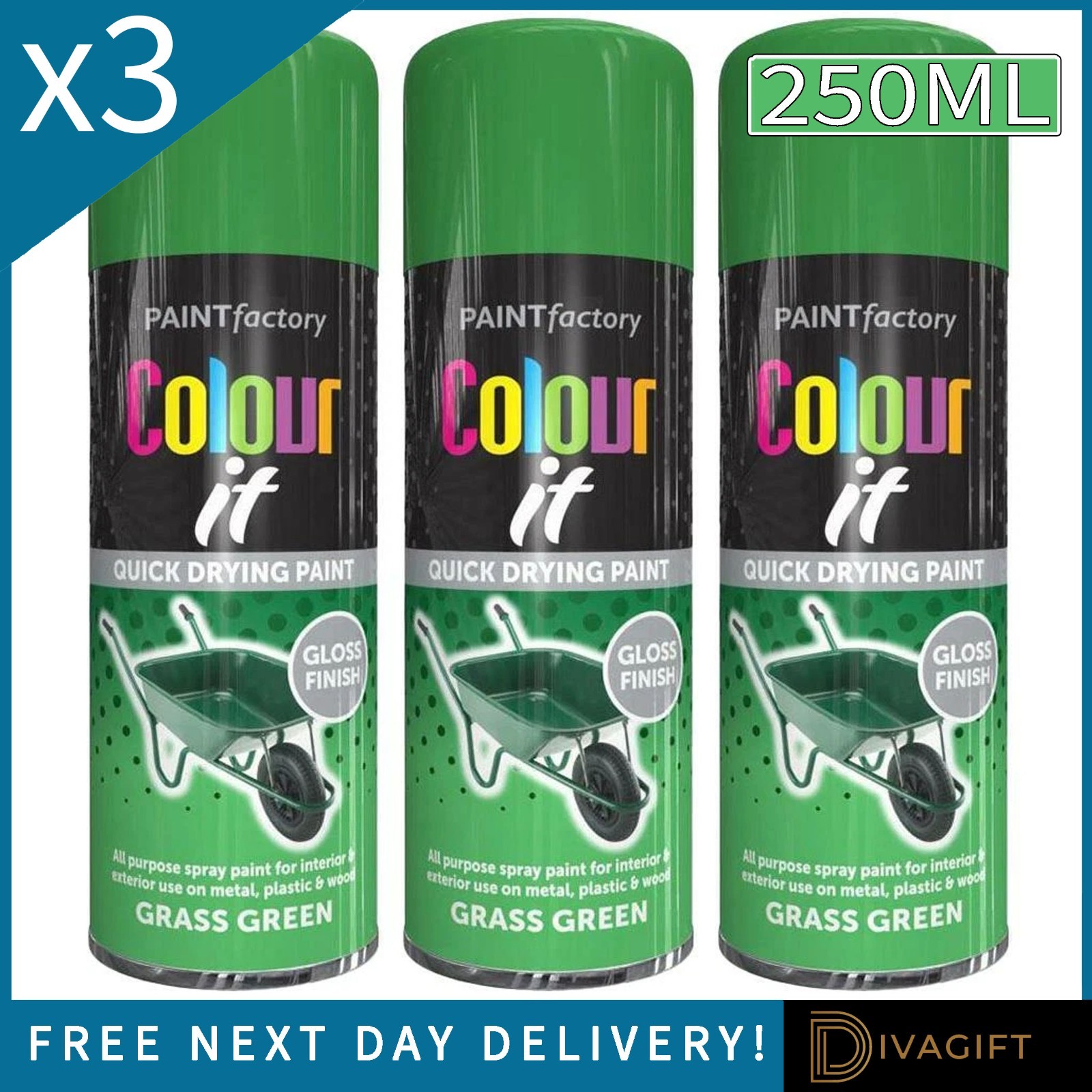 3 x GRASS GREEN GLOSS FINISH SPRAY PAINT 250ML MULTI-PURPOSE METAL PLASTIC WOOD