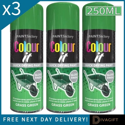 PAINT FACTORY 3 x GRASS GREEN GLOSS FINISH SPRAY PAINT 250ML MULTI-PURPOSE METAL PLASTIC WOOD