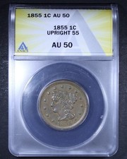 1855 Braided Hair Large Cent (Upright 55) - 1c ANACS AU50