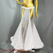 Women Belly Dance Costume Stage Performance Sequins 2 Slits Long Skirt 10 Colors