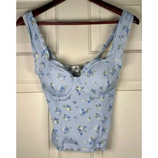 Y2K Small Cottagecore Blue Floral Bustier Corset Coquette Ruffled Strap