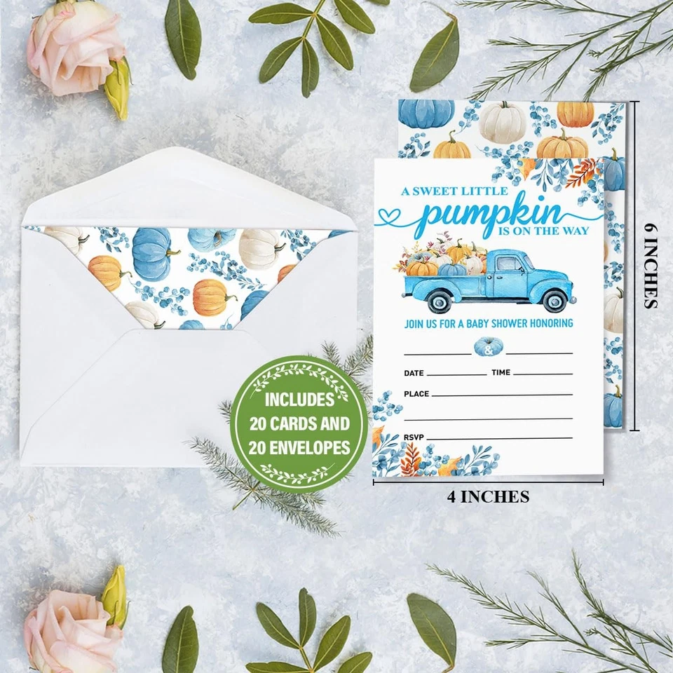Invitaciones de fiesta de baby shower de calabaza de otoño para niños invitaciones de fiesta de camión azul... Foto 2 de 4
