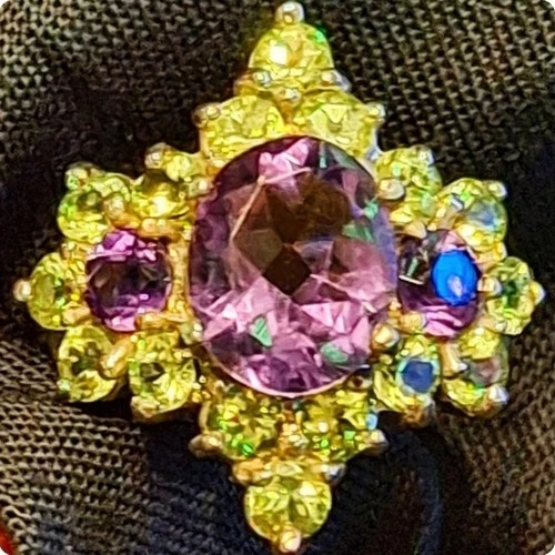 Real Amethyst & Peridot Cluster Ring Size 7 Real Sterling Silver VINTAGE 1990'S