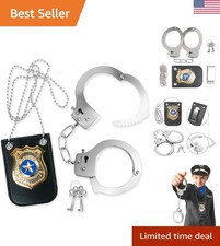 Deluxe Police Costume Accessory Set with Metal Handcuffs  Gold Badge for Kids
