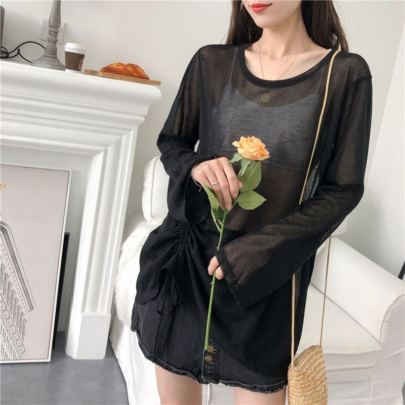 Damen Transparentes Top Knittef Pullover Sun Hemd Bedeckung Mit Sehe Durch L-4XL